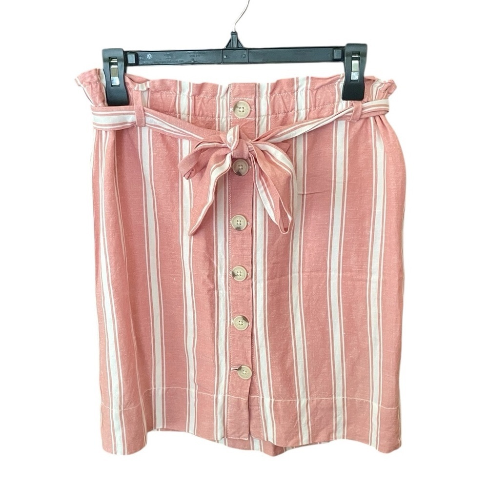 Loft linen blend striped belted button skirt lined elastic waist XS pink white